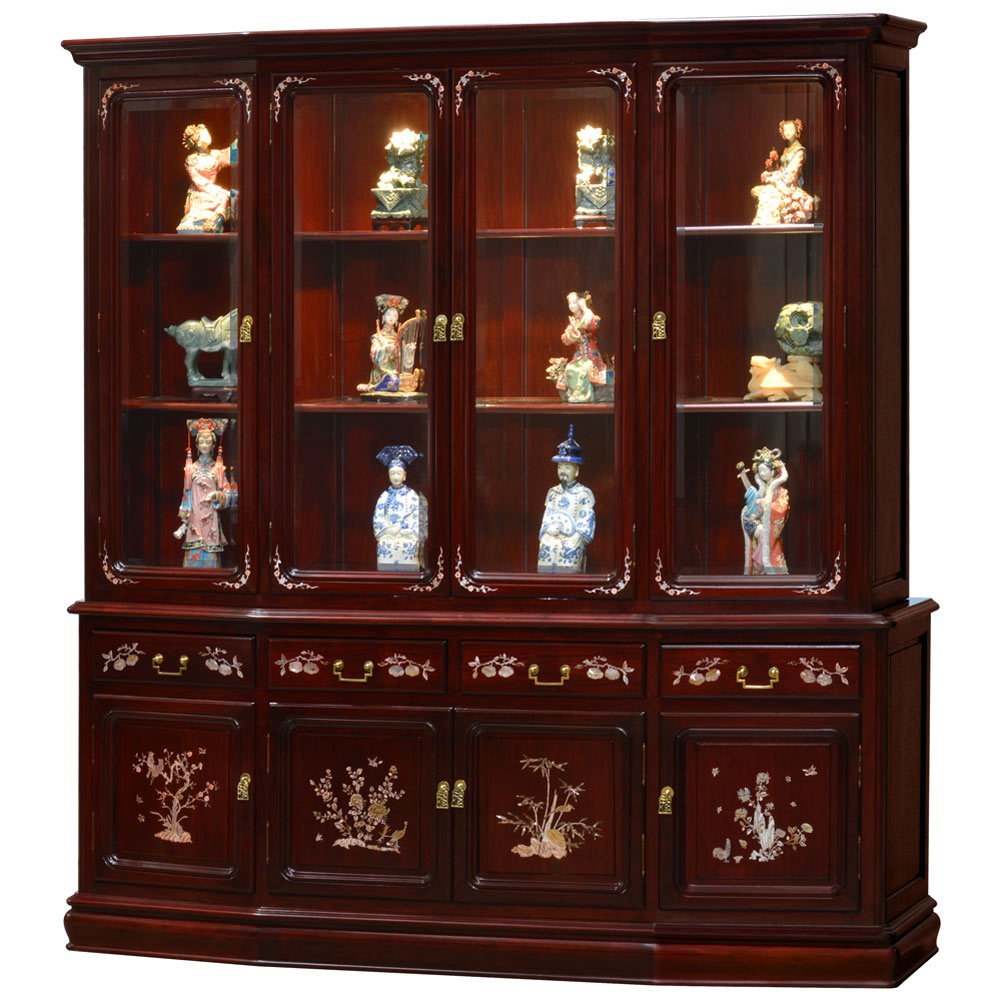 Cherry Rosewood Mother of Pearl Oriental China Cabinet