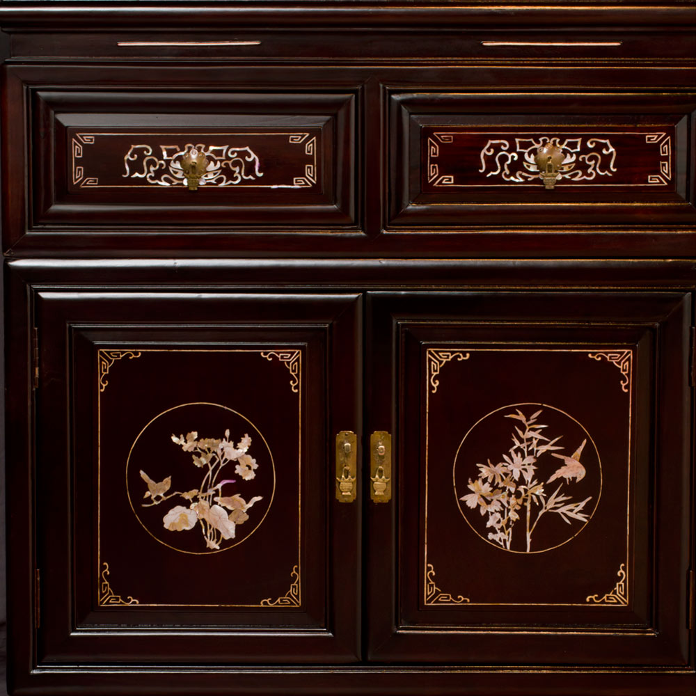 Dark Cherry Rosewood Oriental China Cabinet with Mother of Pearl Inlay