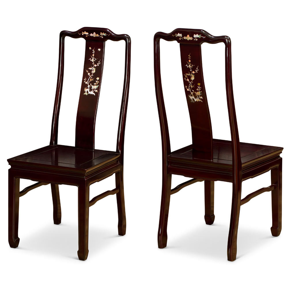 96in Dark Cherry Rosewood Rectangle Oriental Dining Set with Mother of Pearl Inlay - with FREE Inside Delivery