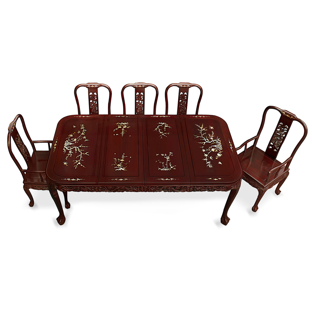 Dark Cherry Rosewood Queen Anne Dragon and Mother of Pearl Inlay Rectangle Dining Set  with 8 Chairs