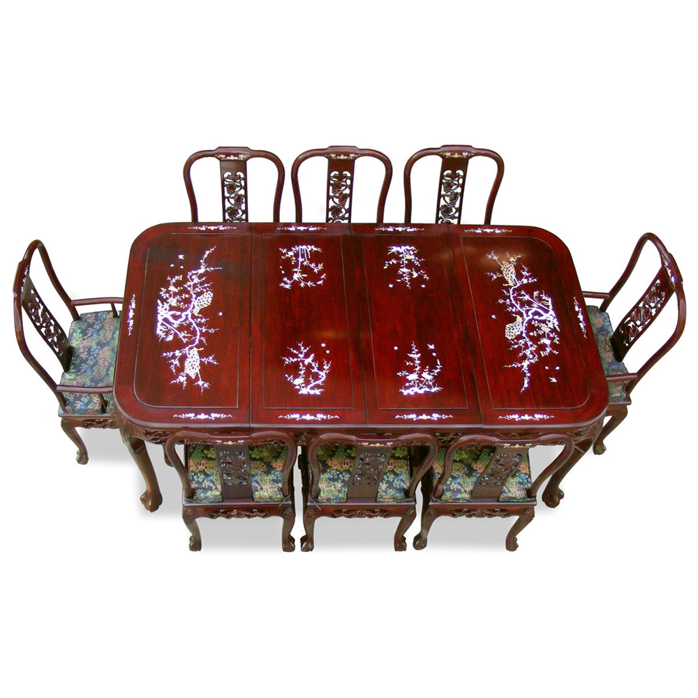 Dark Cherry Rosewood Queen Anne Grape Vine and  Mother of Pearl Inlay Rectangle Dining Set  with 8 Chairs