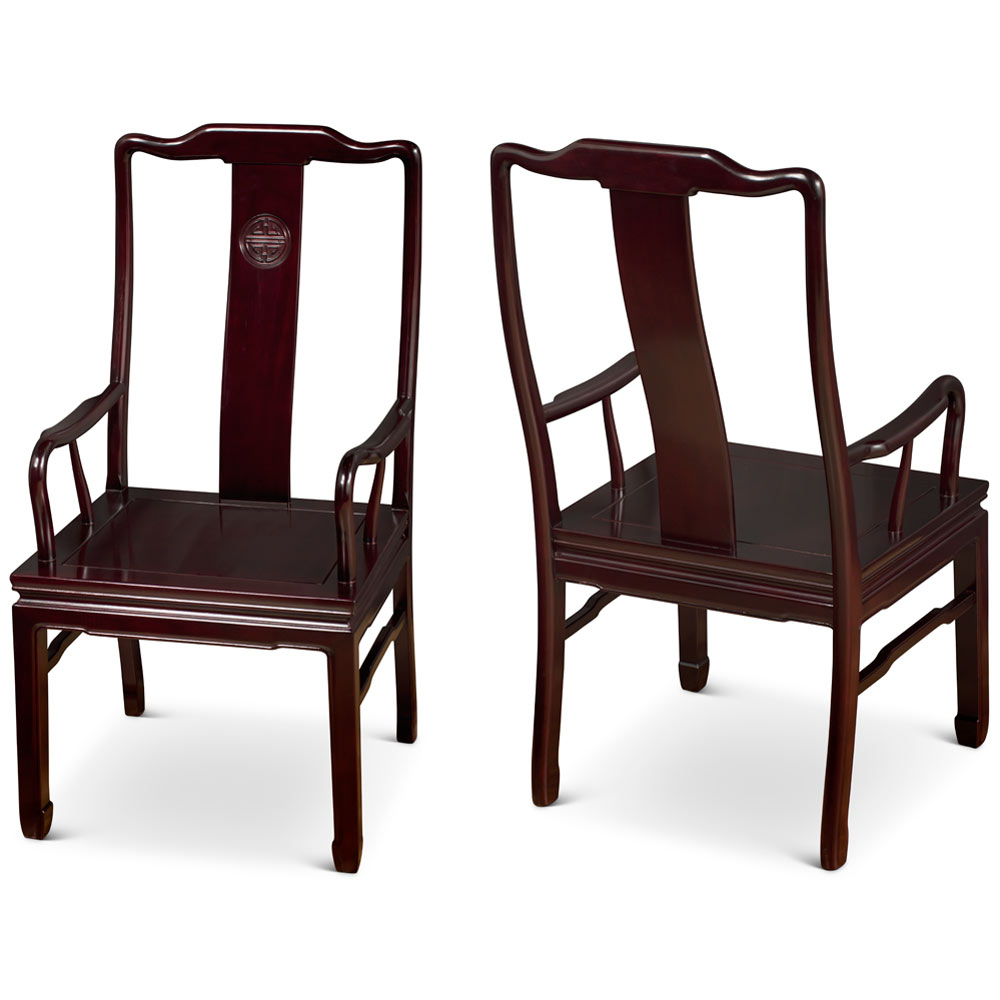 Dark Cherry Rosewood Longevity Motif Oval Oriental Dining Set with 6 Chairs