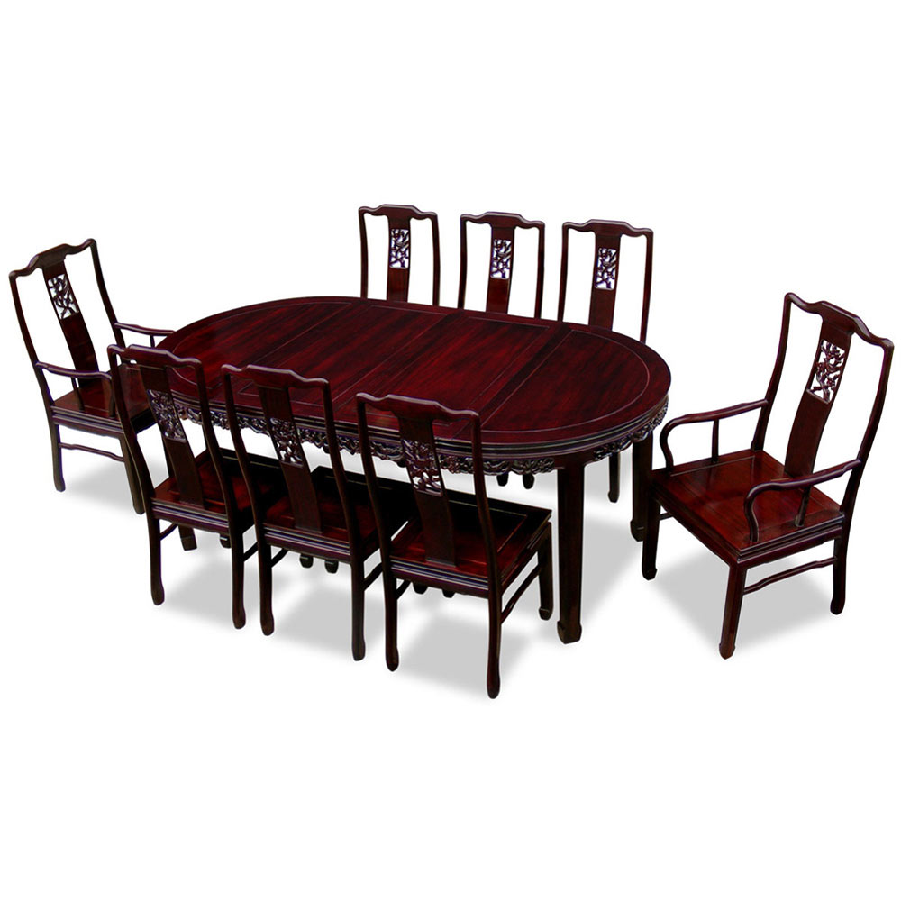 Dark Cherry Rosewood Flower and Bird Oval Oriental Dining Set with 8 Chairs