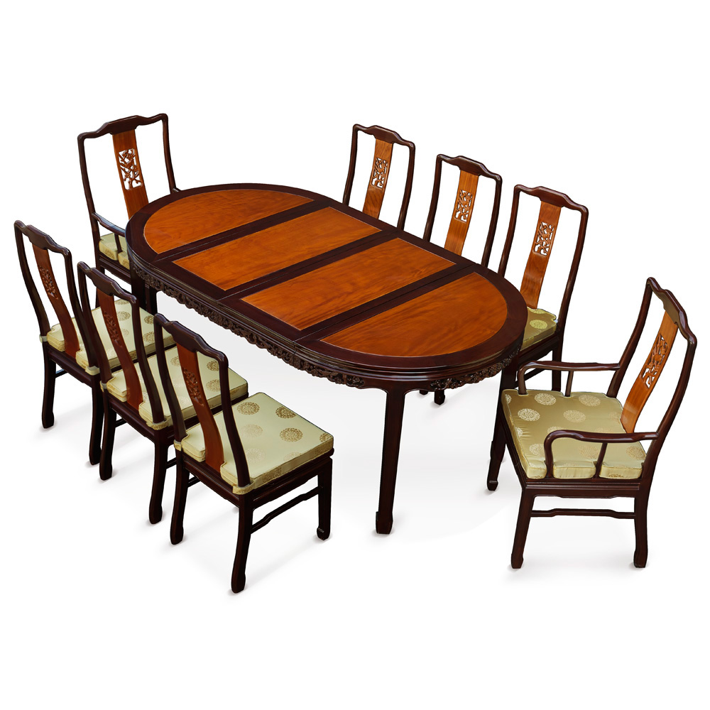 80in Rosewood Flower Design Oval Oriental Dining Table with 8 Chairs