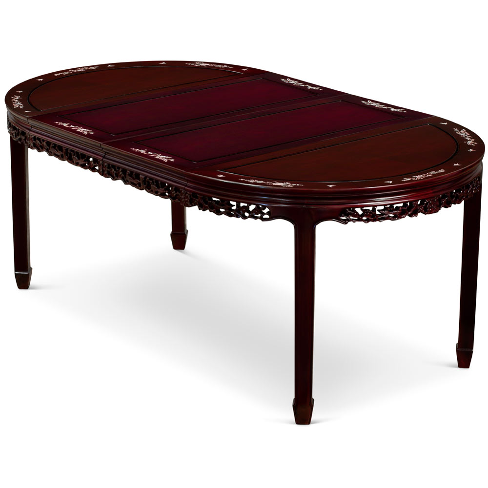 80in Dark Cherry Rosewood Oval Oriental Dining Set with Mother of Pearl Inlay