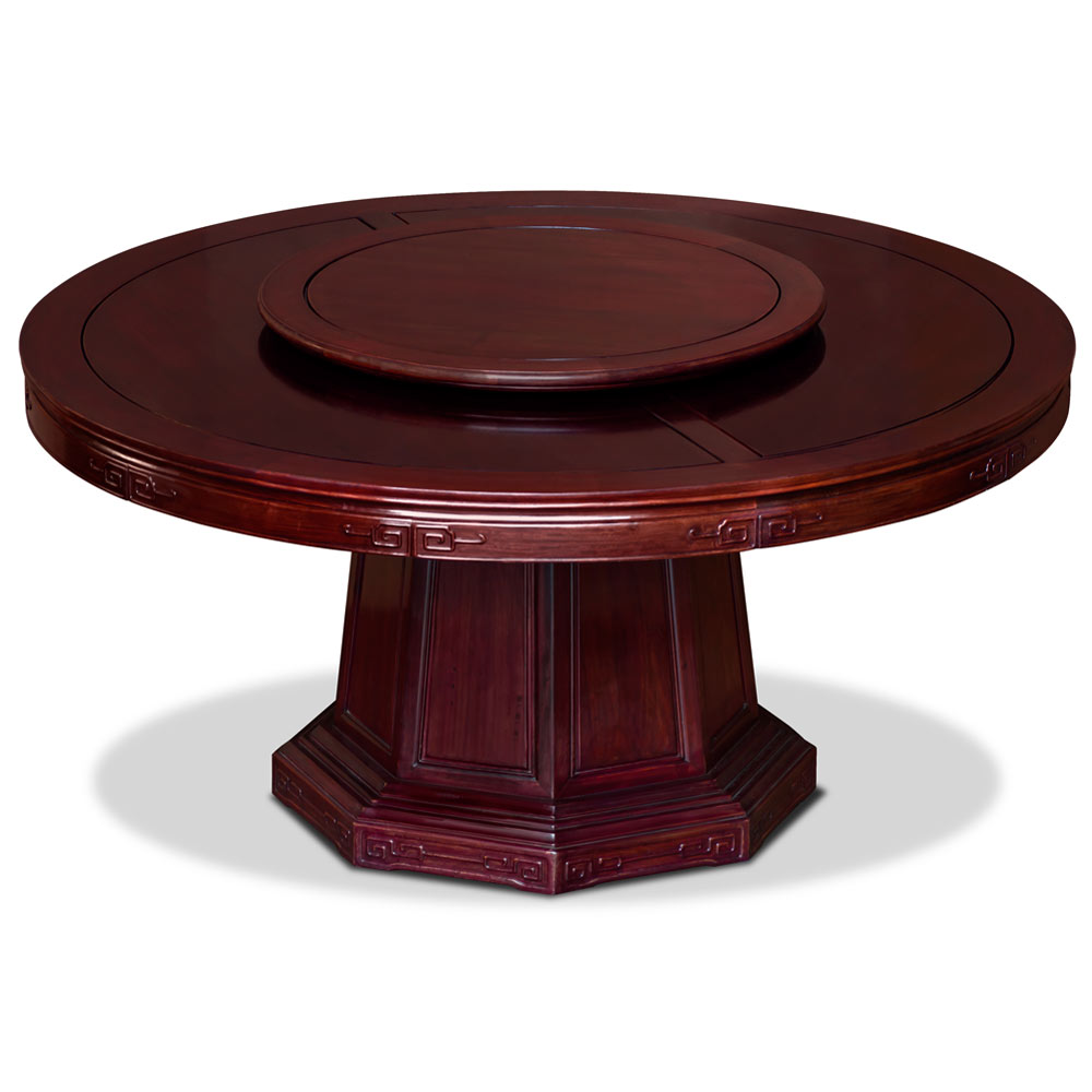 66in Cherry Finish Rosewood Longevity Motif Round Oriental Dining Set with 10 Chairs