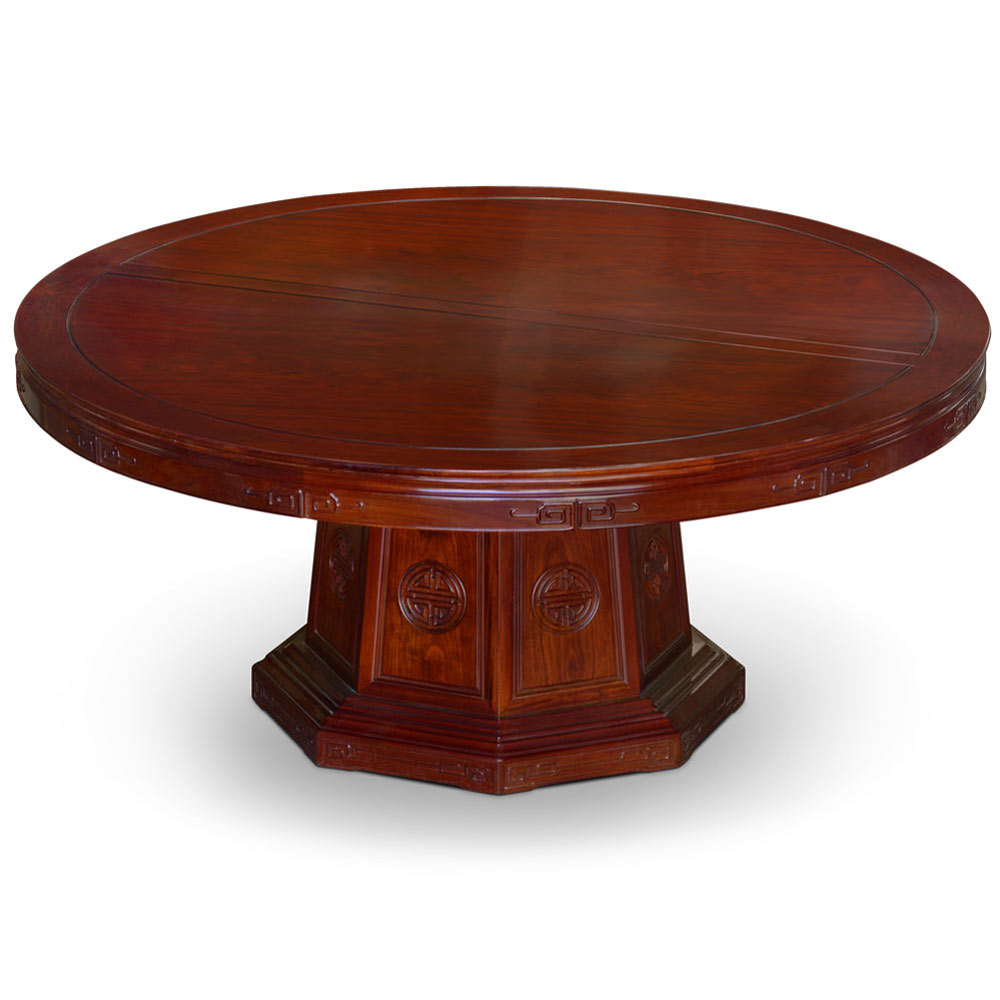 72in Red Cherry Finish Rosewood Longevity Motif Round Oriental Dining Set with 12 Chairs - with FREE Inside Delivery