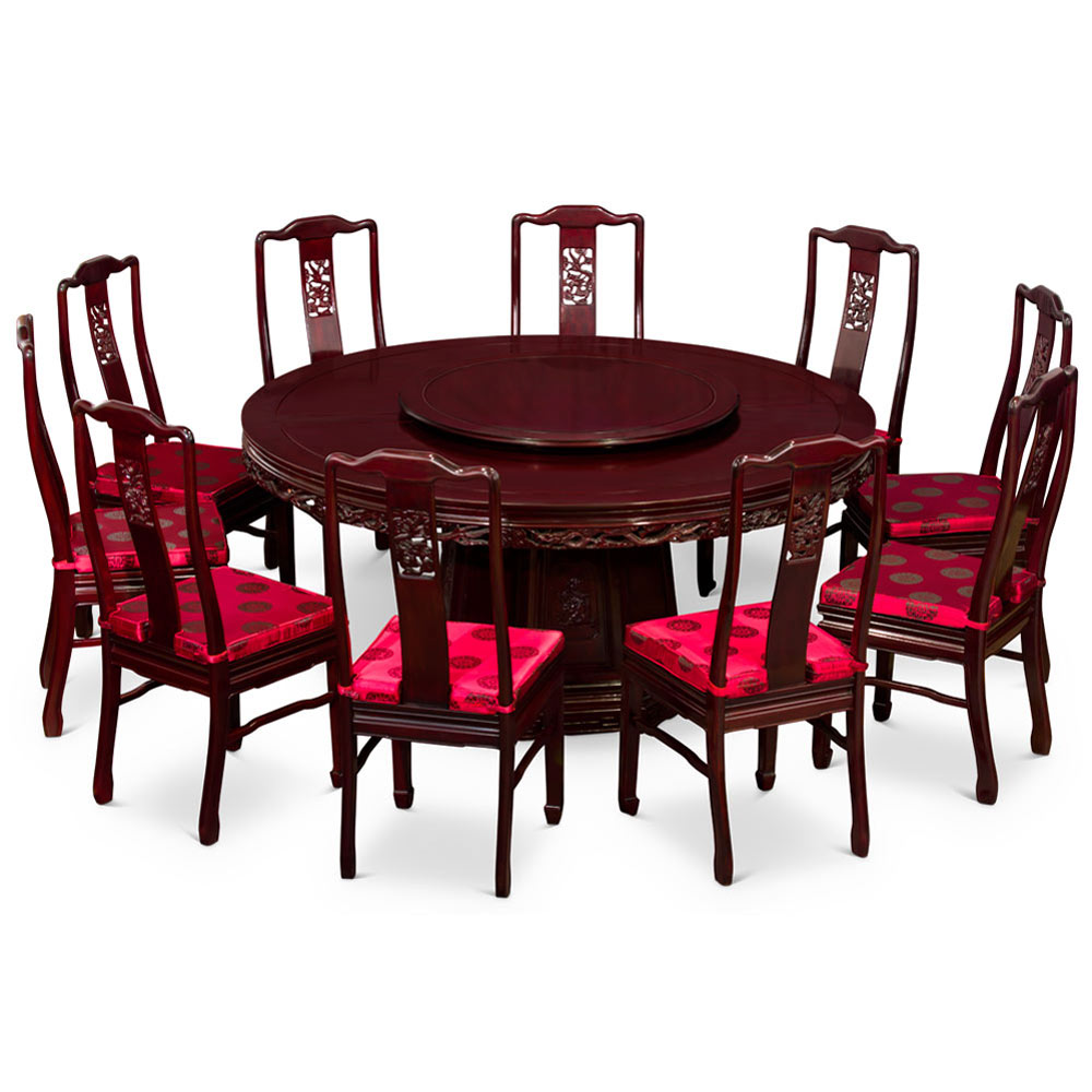 Dark Cherry Rosewood Dragon Motif Chinese Round Dining Set with 10 Chairs