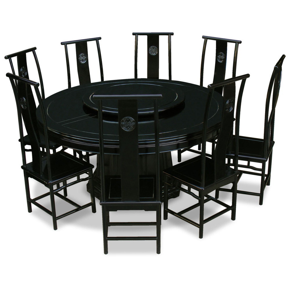 Black Rosewood Chinese Longevity Round Dining Set with 8 Chairs