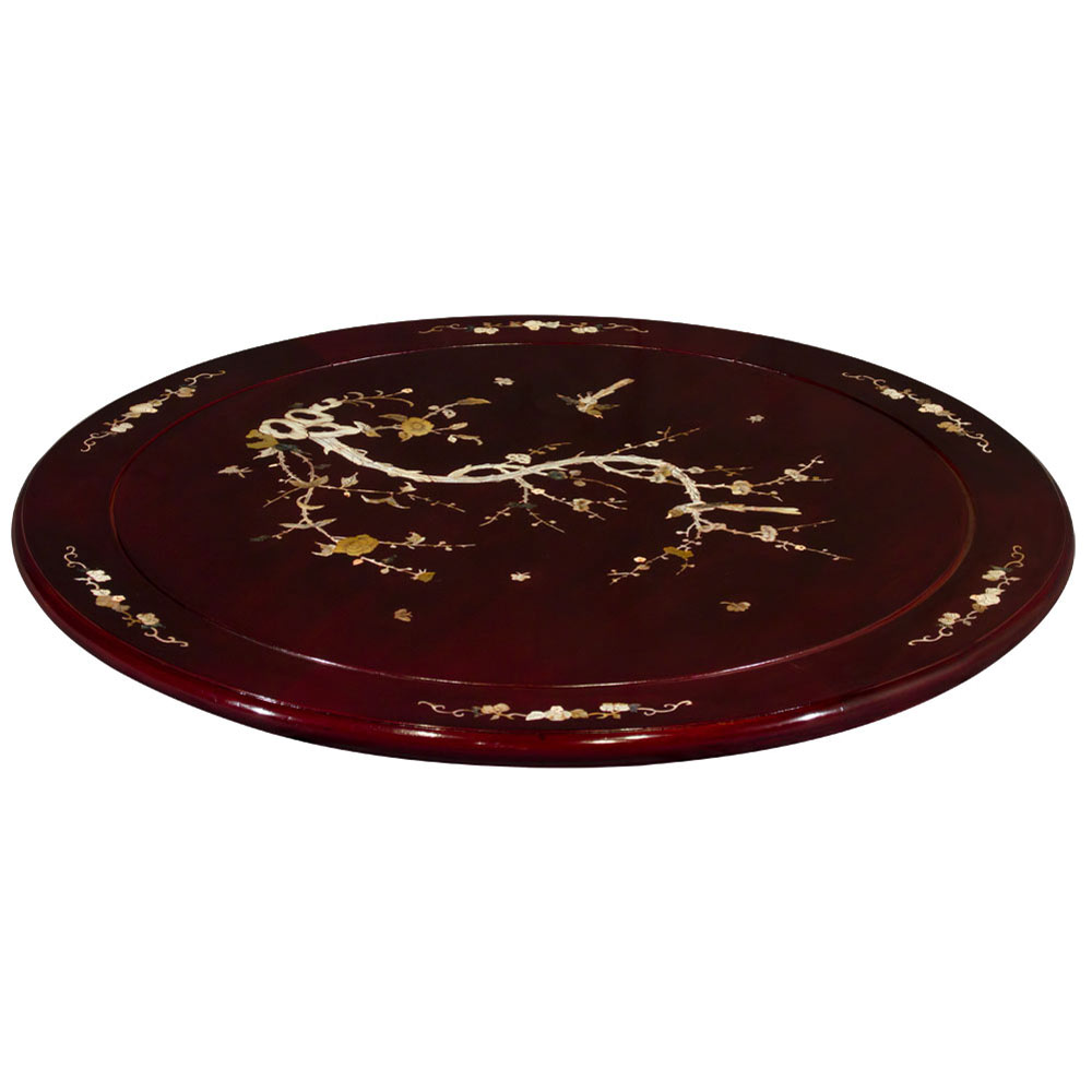 32in Dark Cherry Rosewood Chinese Lazy Susan with Bird and Flower Motif Mother of Pearl Inlay