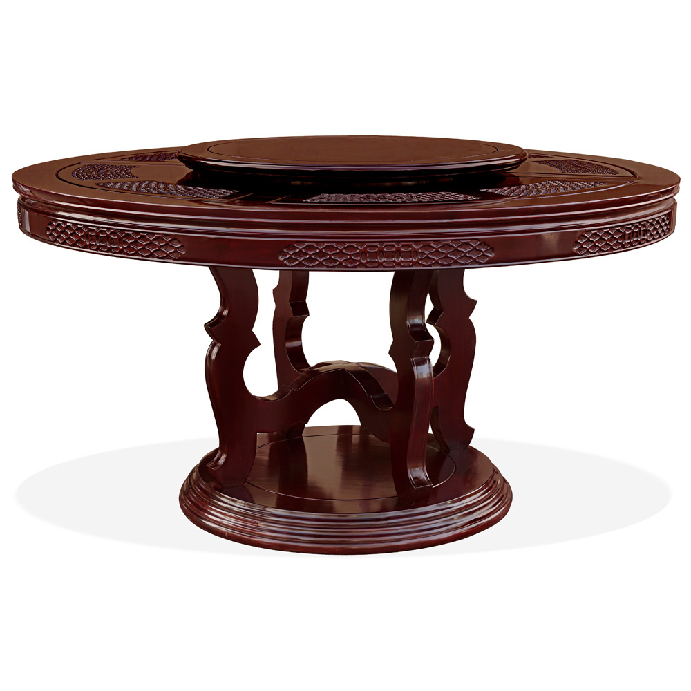 Dark Cherry Rosewood Triple Coin Round Oriental Dining Set with 8 Chairs