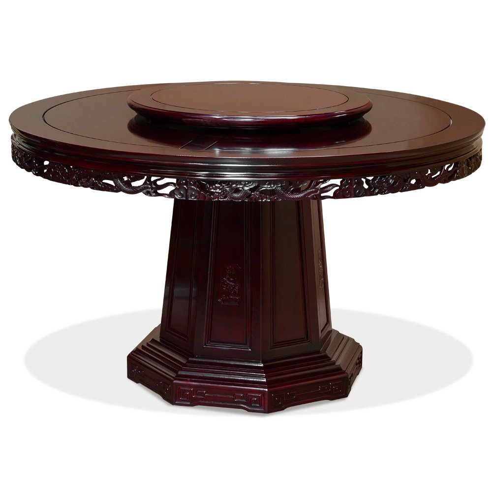 Dark Cherry Rosewood Dragon Round Dining Set with 8 Chairs