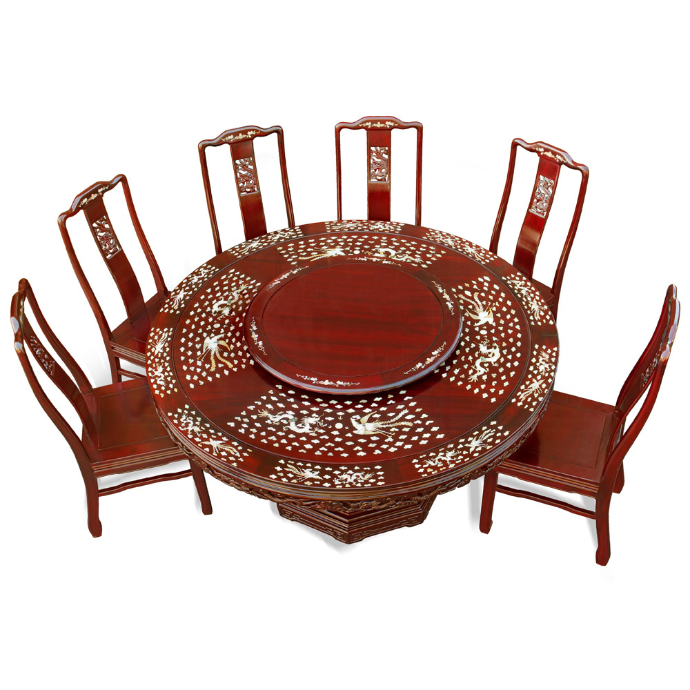 60 in Rosewood  Dragon and Phoenix Mother Pearl Inlay  Round Dining Table with 10 Chairs