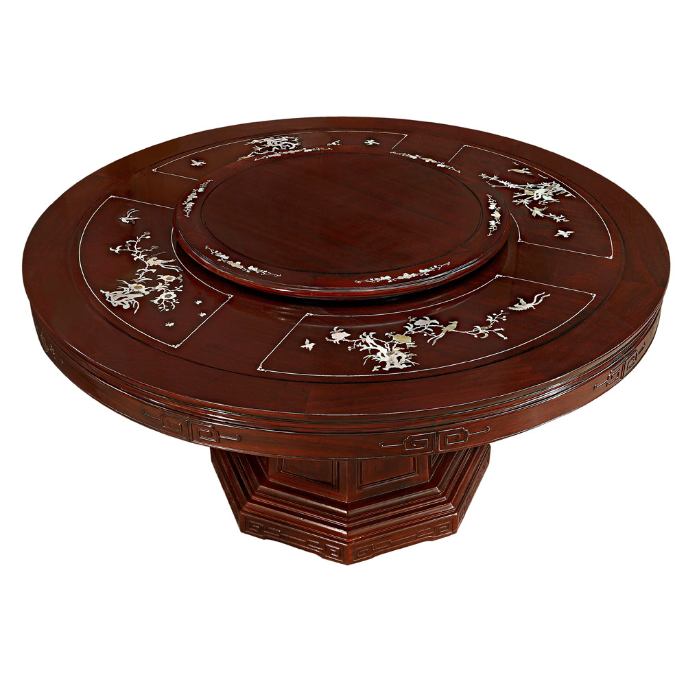 60in Rosewood Flower Pearl Inlay Design Round Dining Table with 10 Chairs