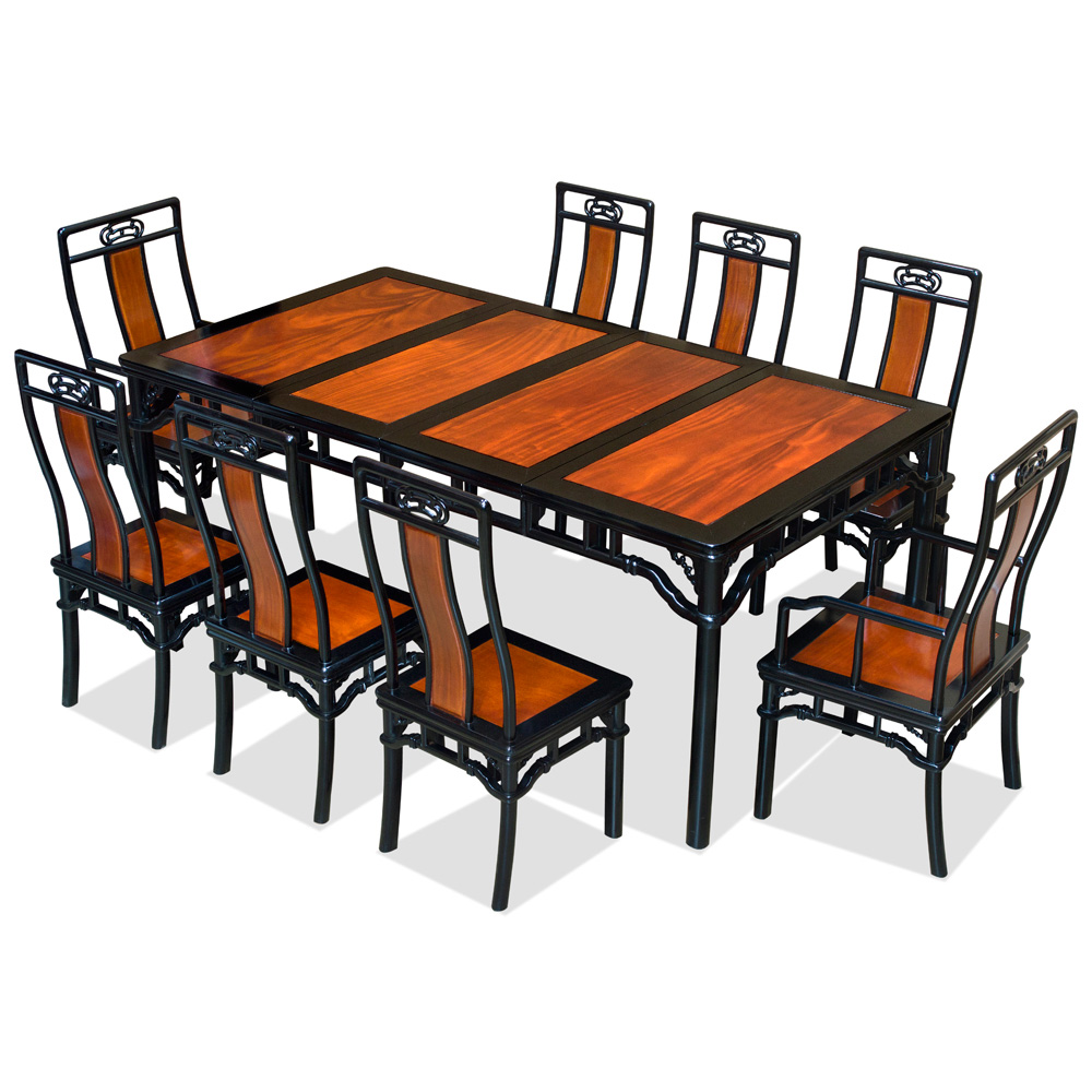 Black Trim Natural Finish Rosewood Ming Rectangle Dining Set with 8 Chairs