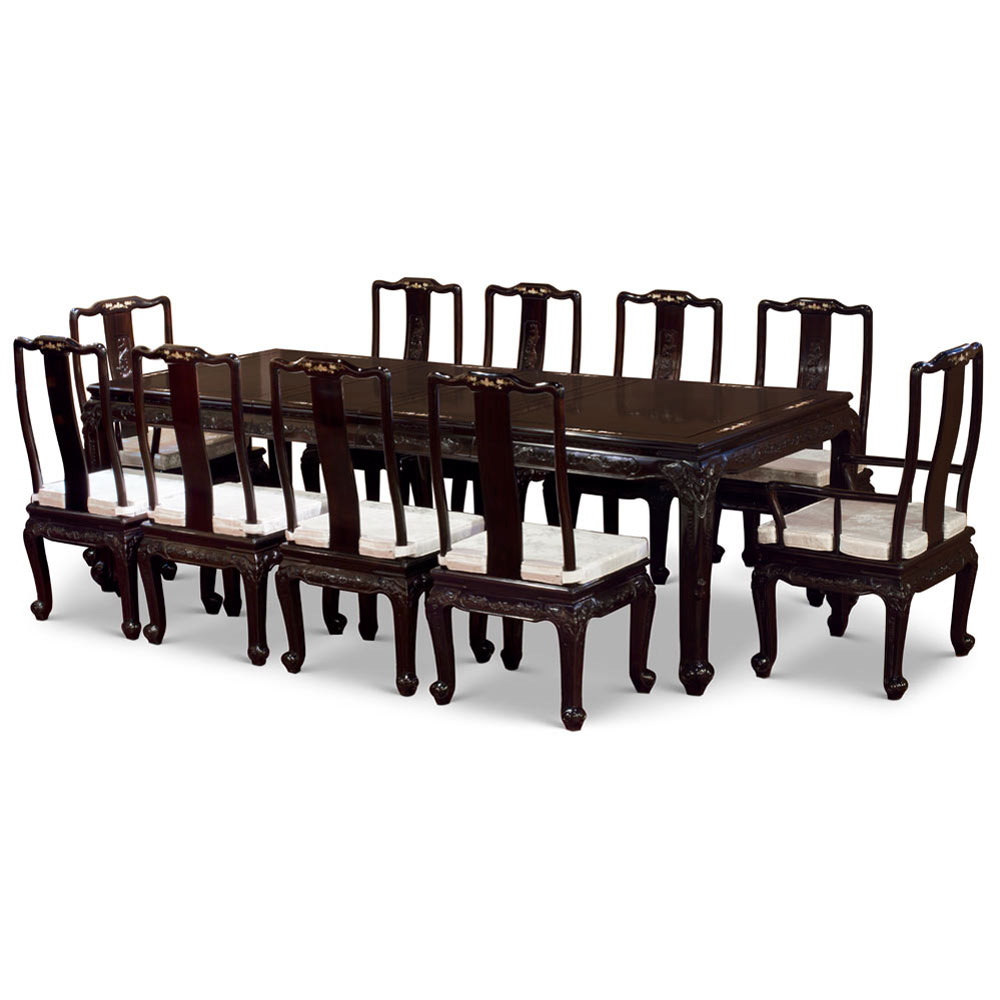 Black Ebony Wood Carved Oriental Dining Set with 10 Chairs