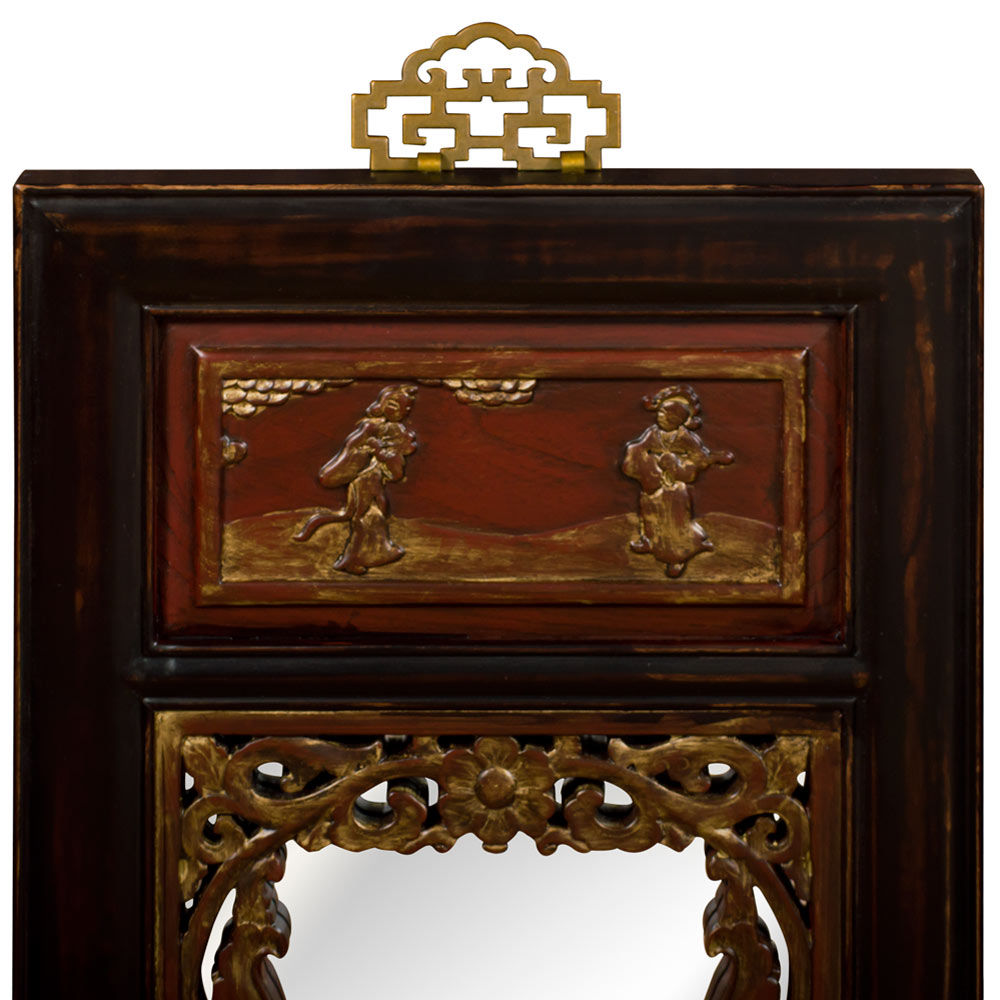 Antique Dark Brown Gilded Elmwood Panel Oriental Mirror