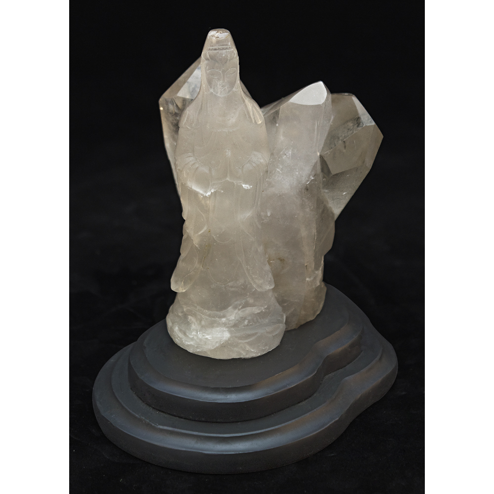 Clear Quartz Guanyin Sculpture with Onyx Stand