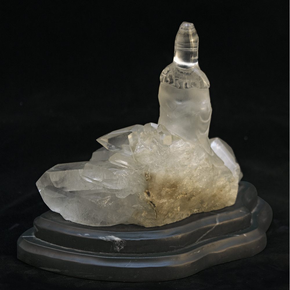 Clear Quartz Guanyin Asian Sculpture with Onyx Stand