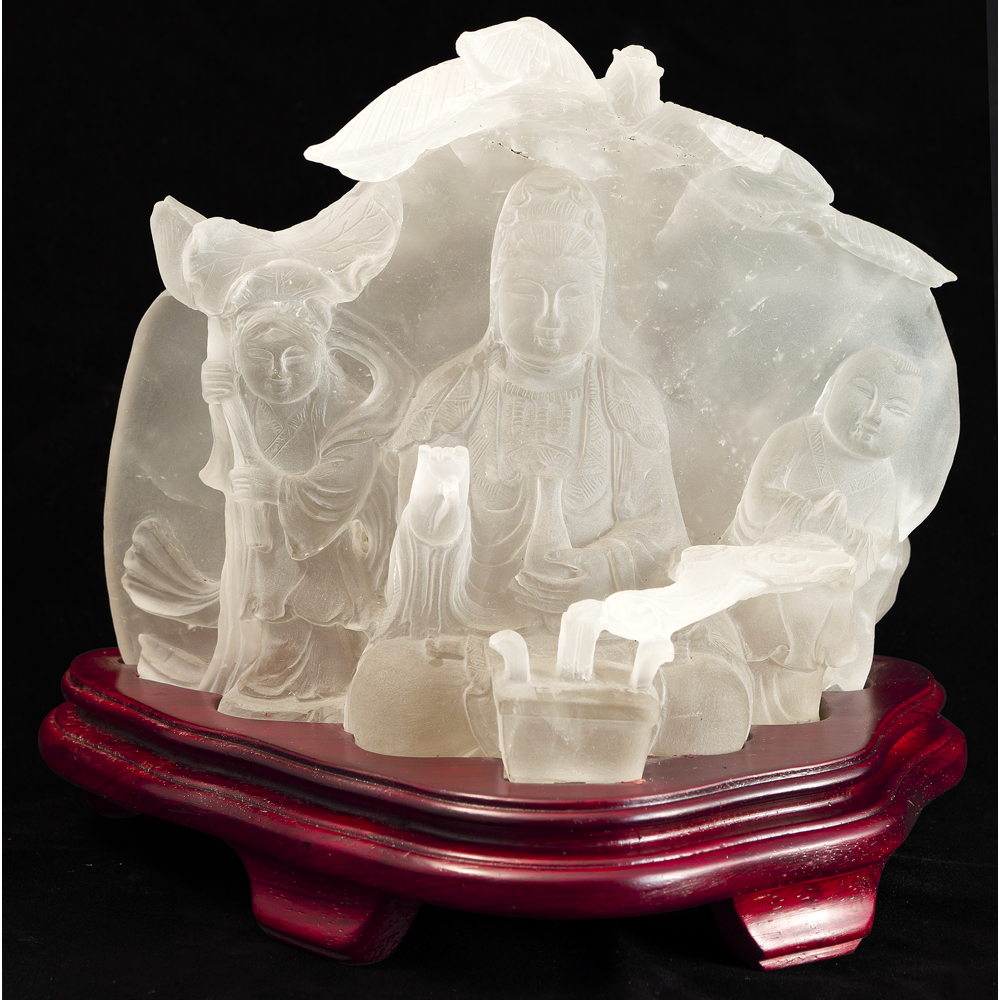 Frosted Quartz Guanyin with Two Children Asian Sculpture