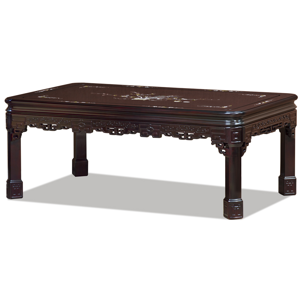 Dark Cherry Rosewood Key Design Chinese Rectangular Coffee Table with Mother of Pearl Inlay