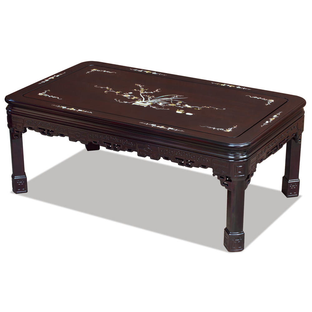Dark Cherry Rosewood Key Design Chinese Rectangular Coffee Table with Mother of Pearl Inlay