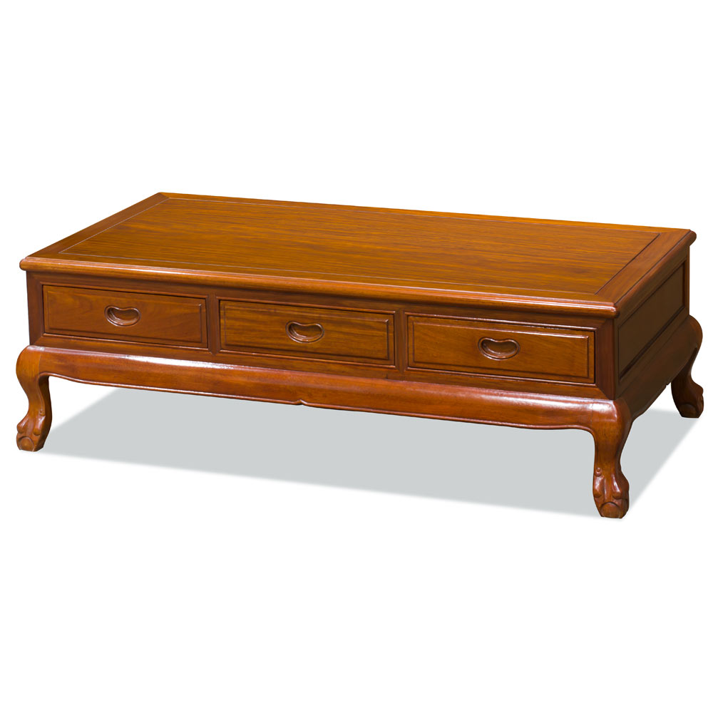 Natural Finish Rosewood Rectangular Chinese Coffee Table with Three Drawers