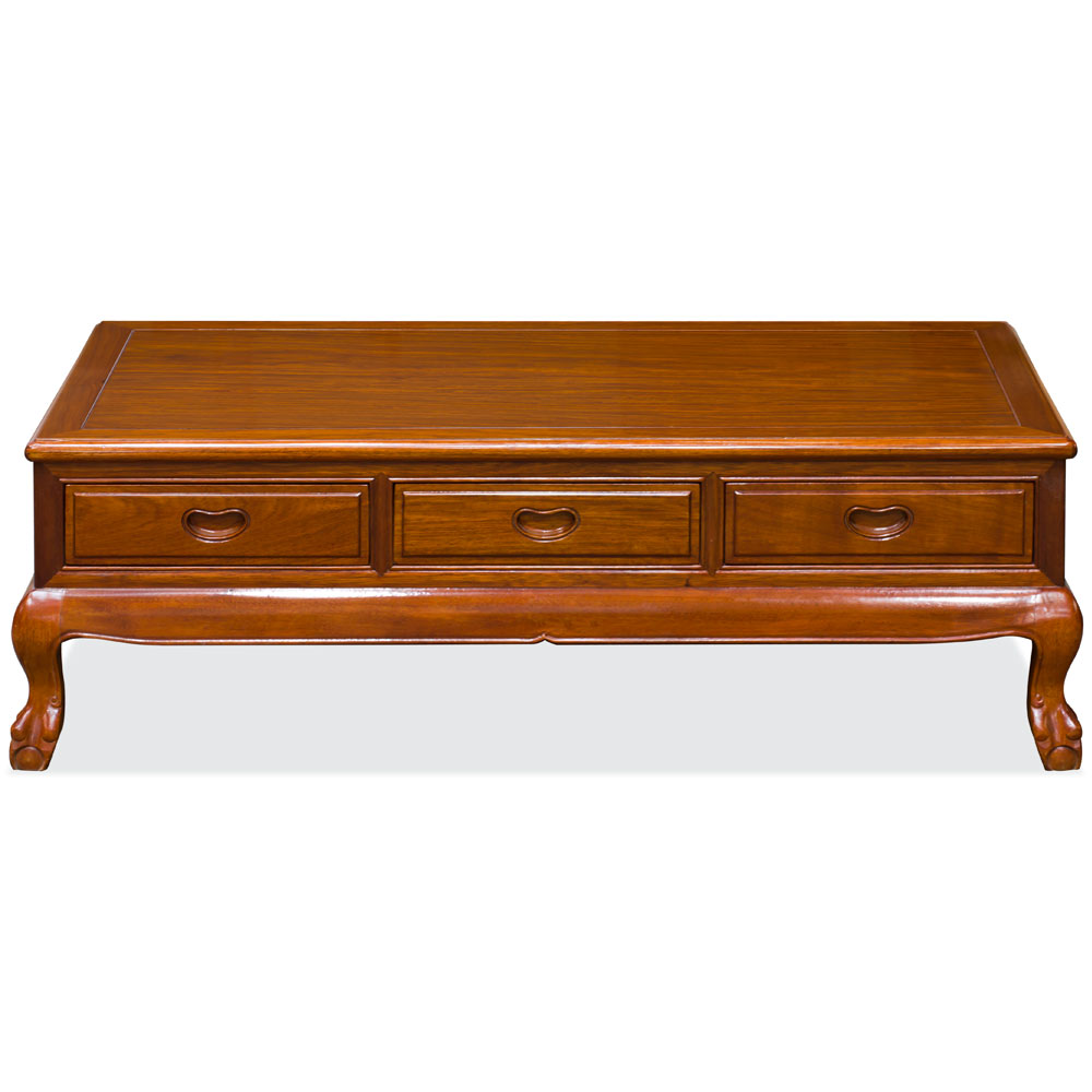 Natural Finish Rosewood Rectangular Chinese Coffee Table with Three Drawers