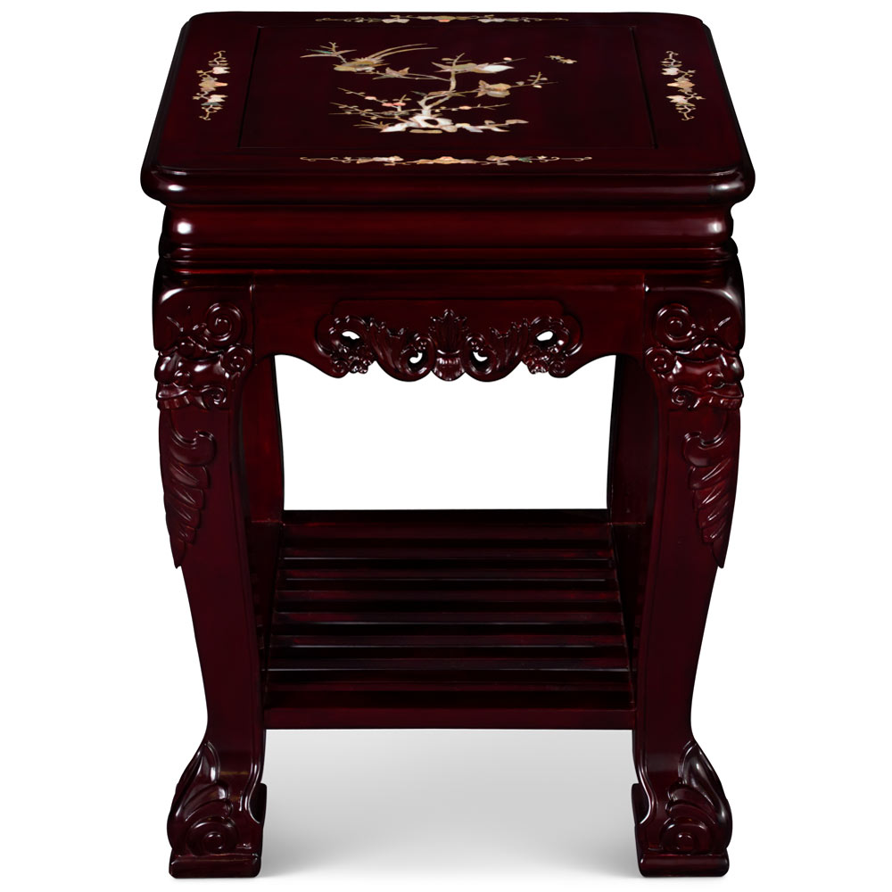 Rosewood Mother of Pearl Inlay Oriental Lamp Table with Shelf