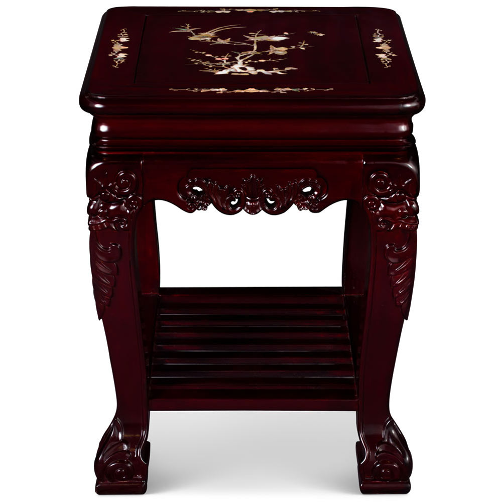 Rosewood Mother of Pearl Inlay Oriental Lamp Table with Shelf