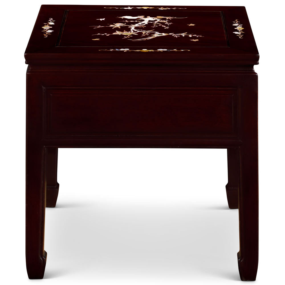 Dark Cherry Chinese Mother of Pearl Inlay Rosewood Lamp Table with Drawer