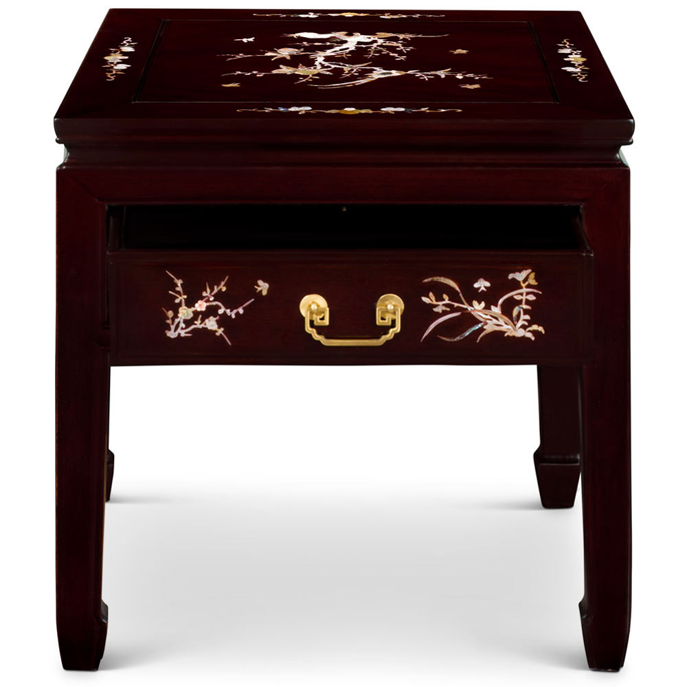 Dark Cherry Chinese Mother of Pearl Inlay Rosewood Lamp Table with Drawer