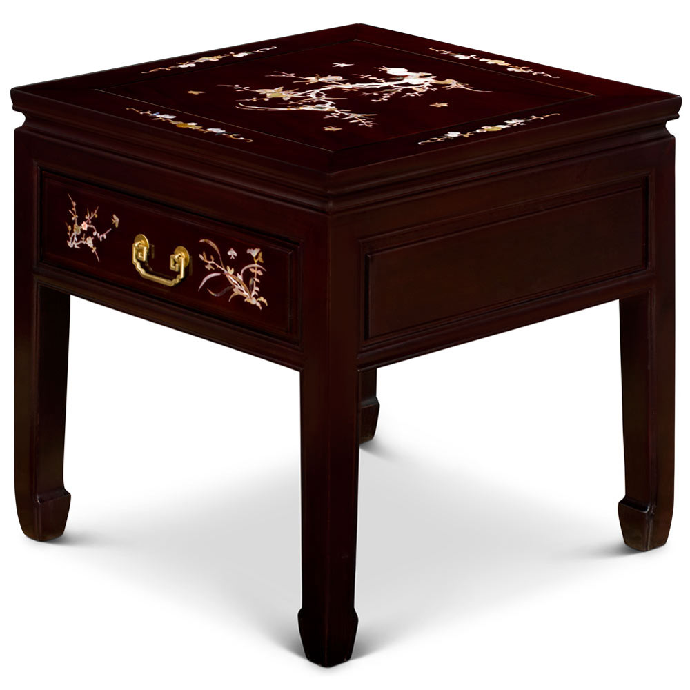 Dark Cherry Chinese Mother of Pearl Inlay Rosewood Lamp Table with Drawer