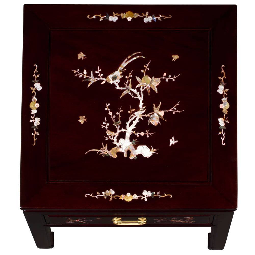 Dark Cherry Chinese Mother of Pearl Inlay Rosewood Lamp Table with Drawer