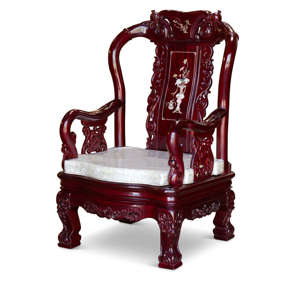 Dark Cherry Chinese Mother of Pearl Inlay Rosewood Royal Palace Armchair