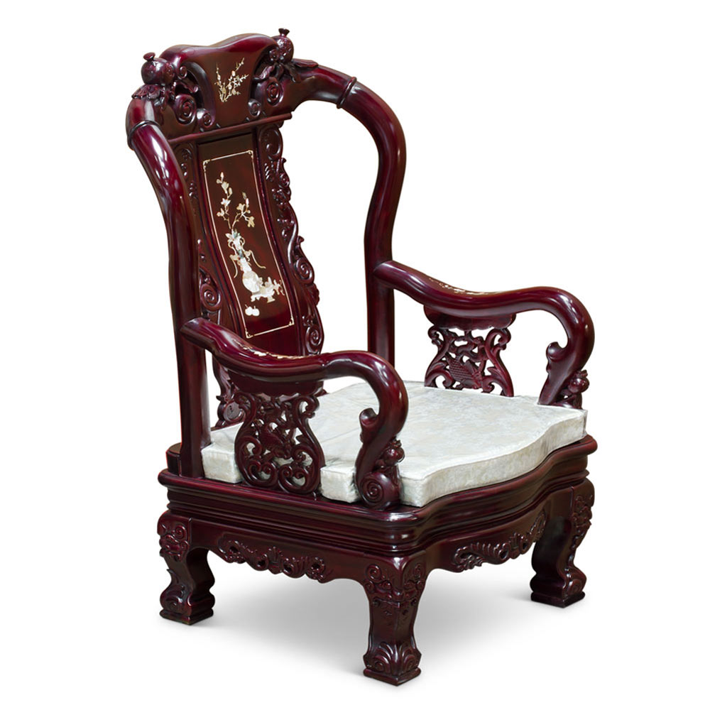 Dark Cherry Chinese Mother of Pearl Inlay Rosewood Royal Palace Armchair