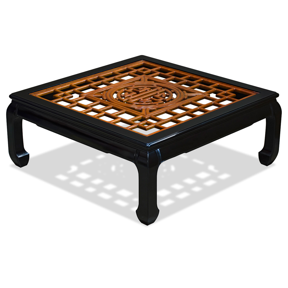 Black Rosewood Longevity Square Coffee Table with Natural Finish Accent