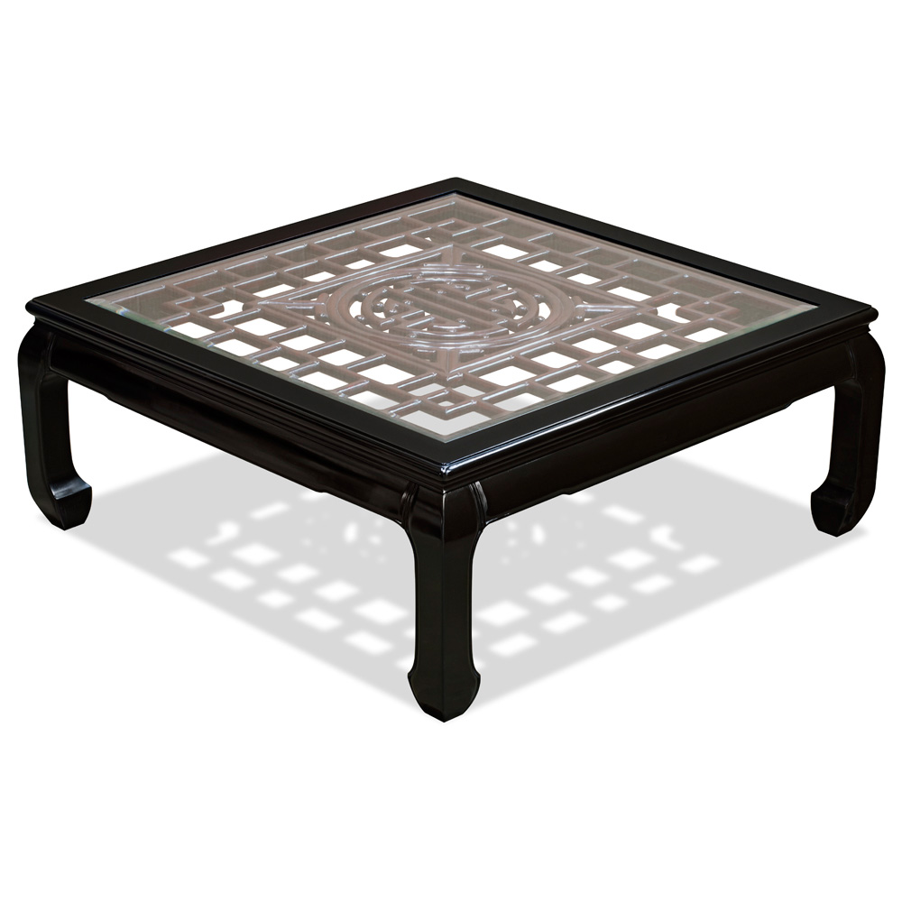 Black Rosewood Longevity Square Coffee Table with Dark Cherry Accent