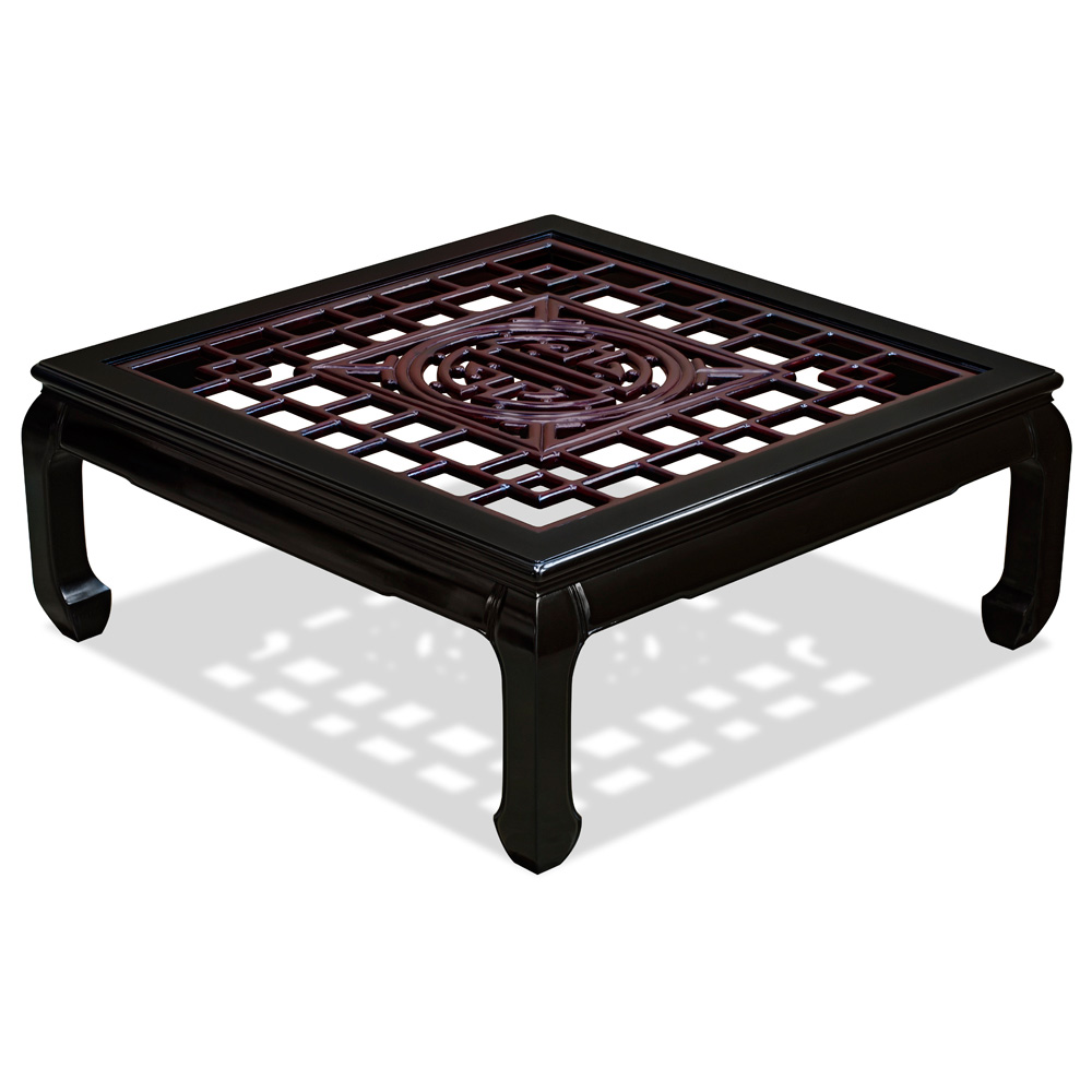 Black Rosewood Longevity Square Coffee Table with Dark Cherry Accent