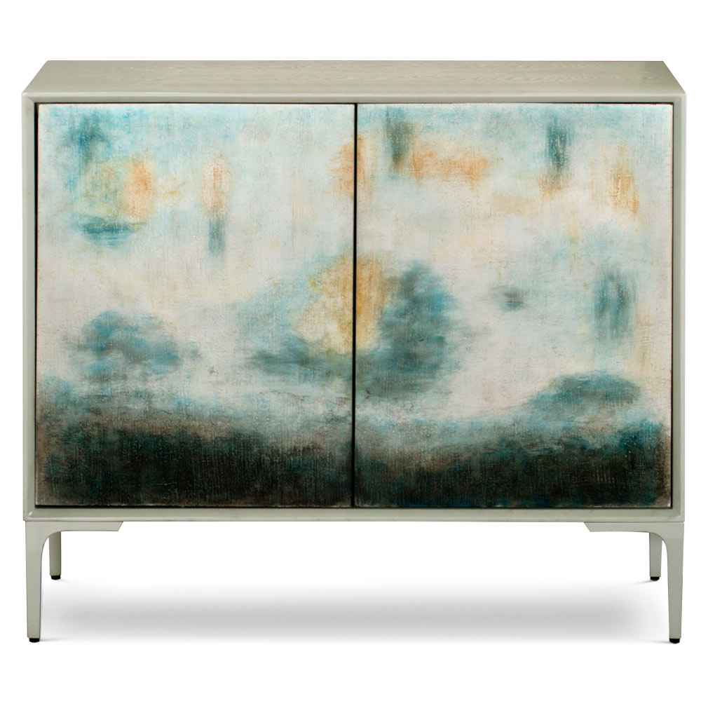 Hand Painted Abstract Landscape Double Door Oriental Vanity Cabinet