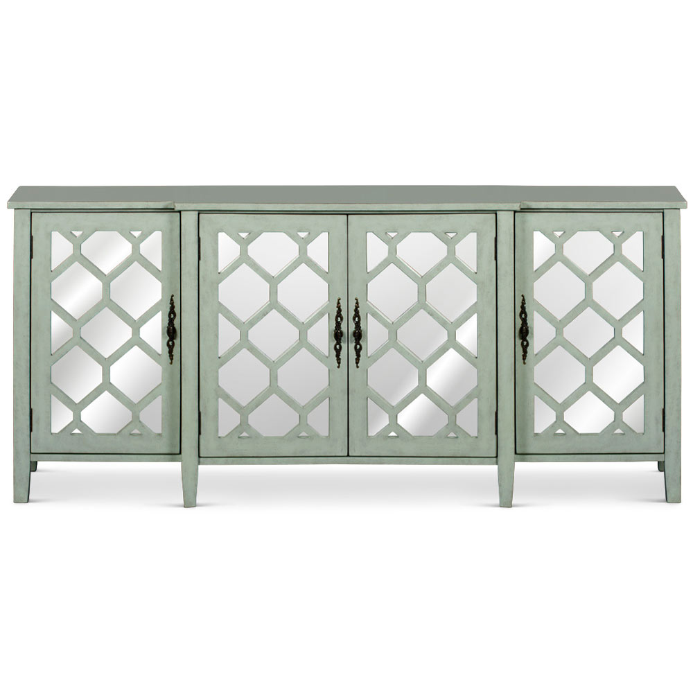 Zen Sage Sideboard with Lattice Fretwork Mirror Doors