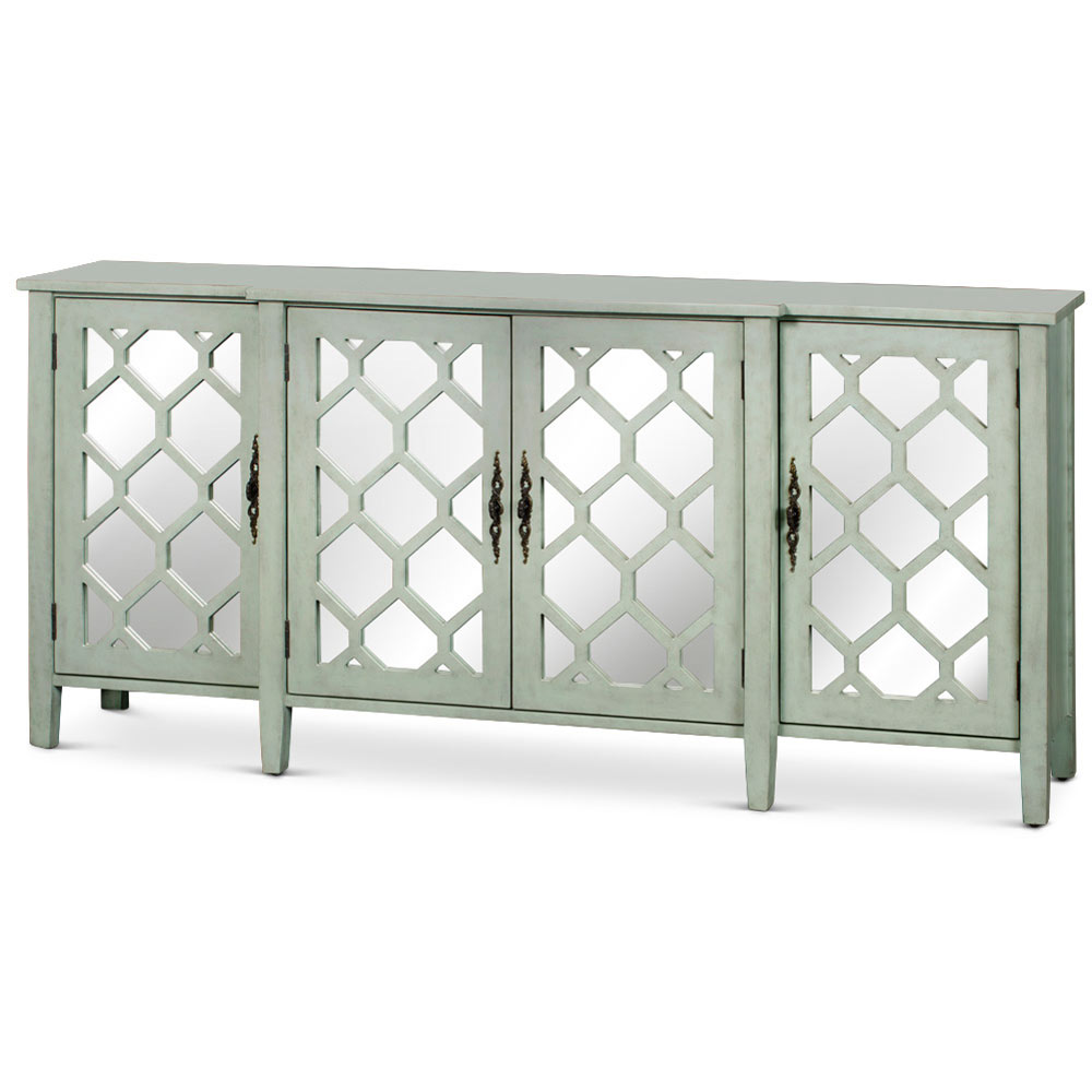 Zen Sage Sideboard with Lattice Fretwork Mirror Doors