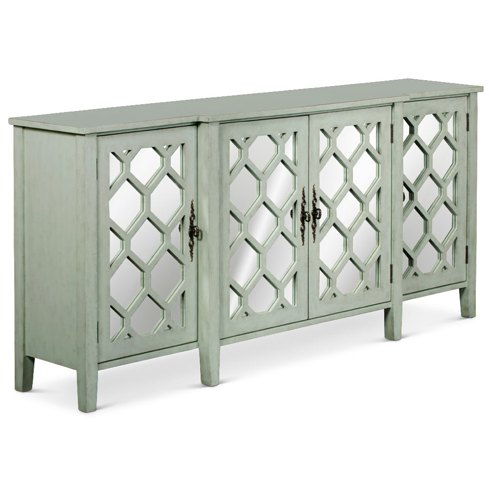 Zen Sage Sideboard with Lattice Fretwork Mirror Doors