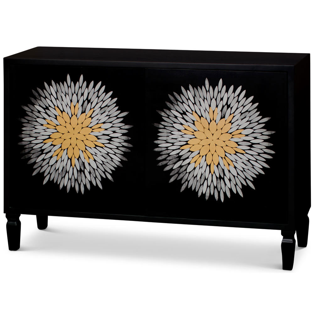 Black Flower Motif Modern Asian Cabinet