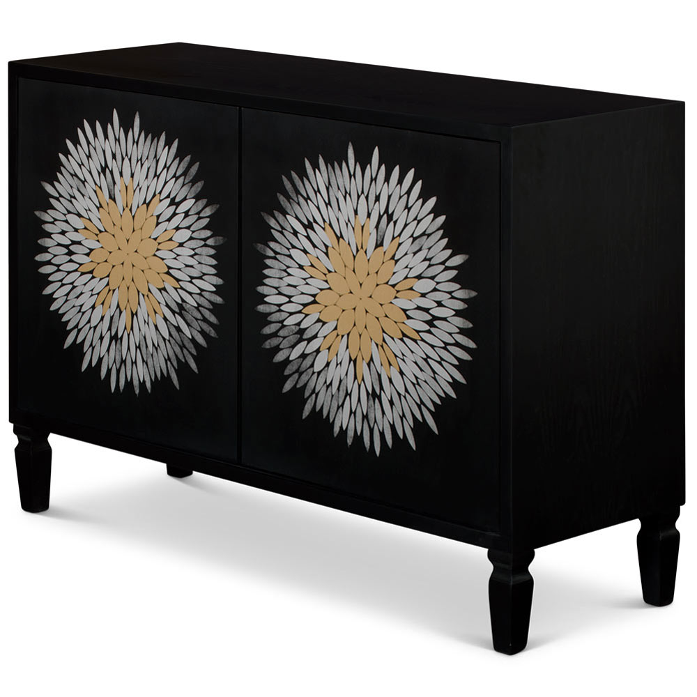 Black Flower Motif Modern Asian Cabinet