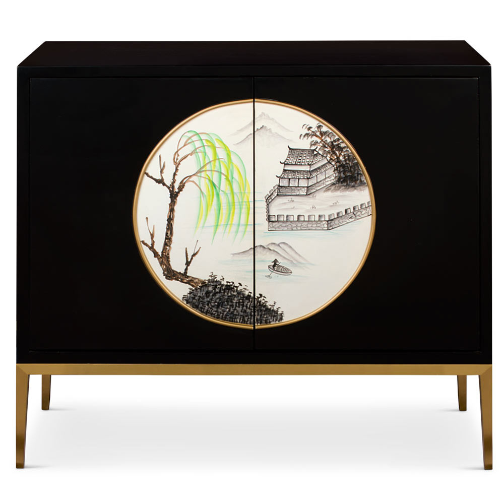 Hand Painted Black and White Modern Chinoiserie Chinese Vanity Cabinet