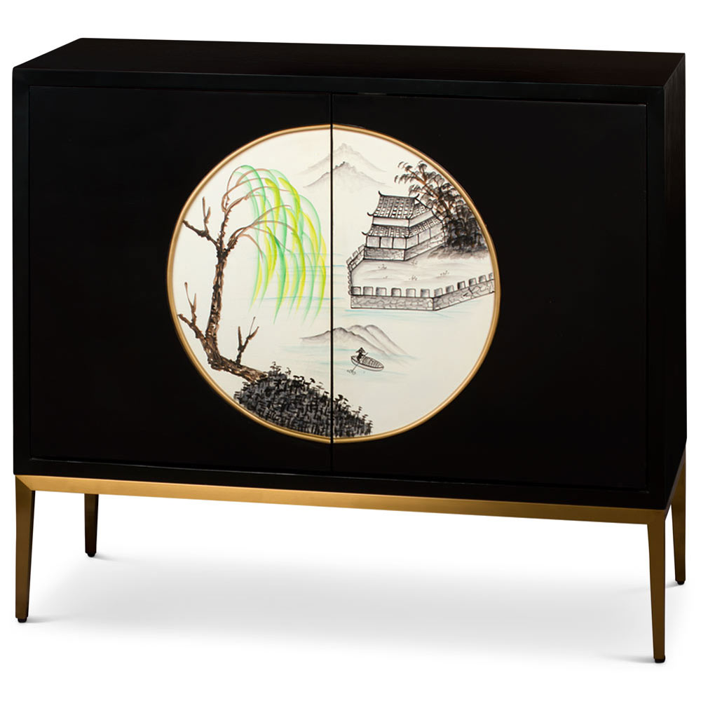 Hand Painted Black and White Modern Chinoiserie Chinese Cabinet