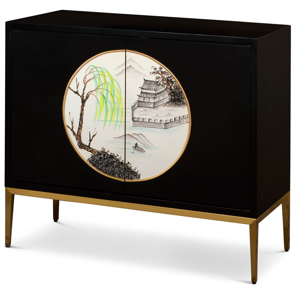 Hand Painted Black and White Modern Chinoiserie Chinese Cabinet