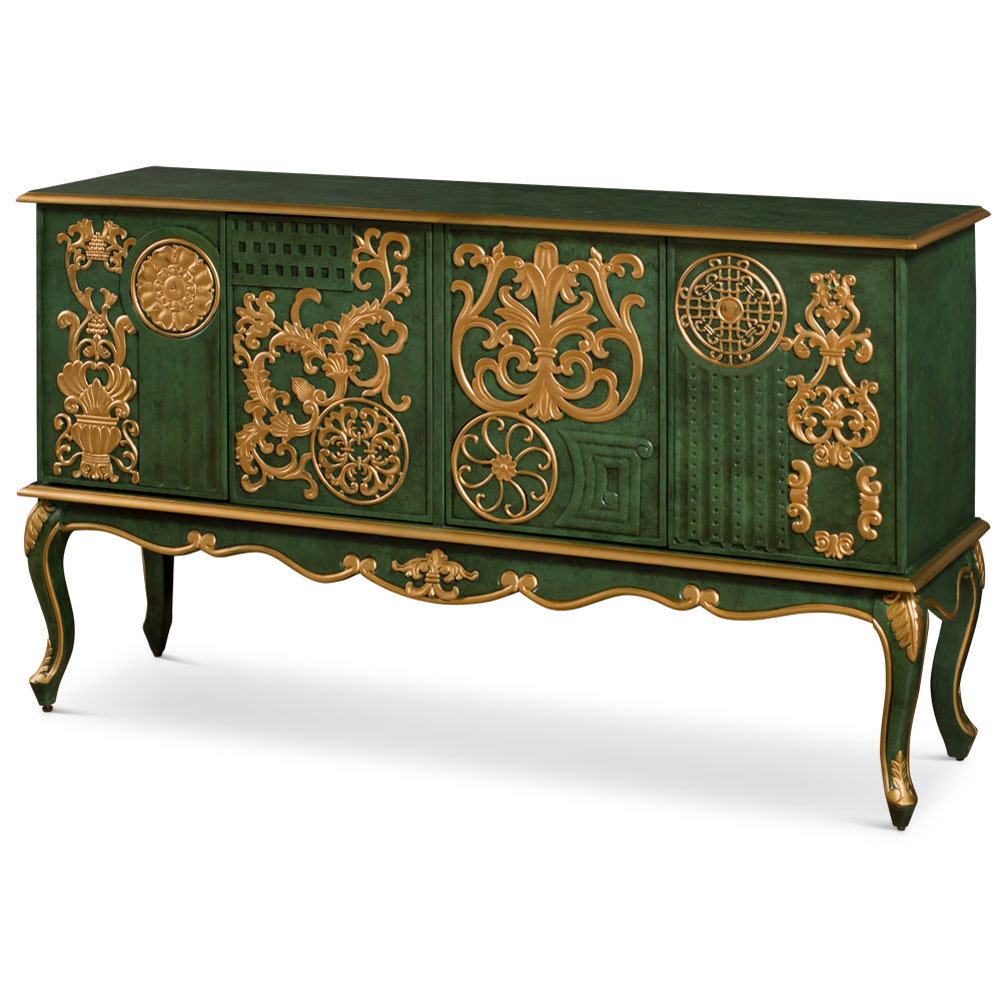 Emerald Green Zen Modern Asian Cabinet with Embossed Gold Flower Pattern