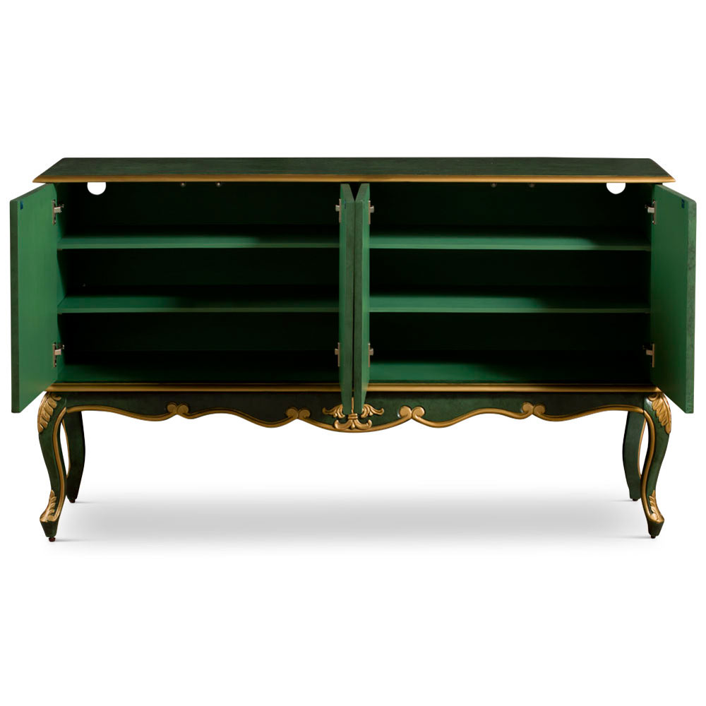 Emerald Green Zen Modern Asian Cabinet with Embossed Gold Flower Pattern